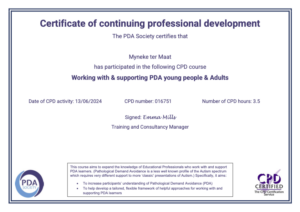 Certificaat: Het werken met en ondersteunen van jongeren en volwassenen met PDA. 